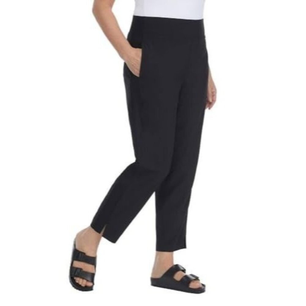 Kirkland Women M Ankle Pant Lightweight Split Hem Elastic Waist Flat Front Black